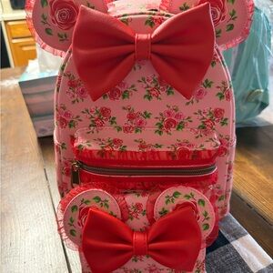Disney loungefly Floral Pink Mini Backpack with Red Bow and wallet